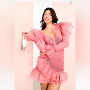 ASOS LUXE organza ruffle ruched long sleeve mini dress in pink SIZE 14